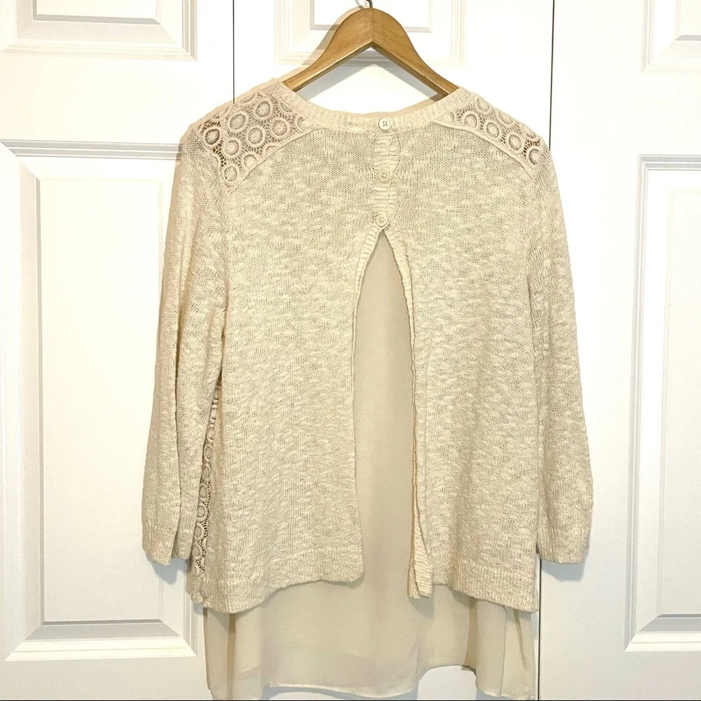 Lucky Brand Ivory Lace Chiffon Split Back Sweater Eyelet Medium - Picture 3 of 8